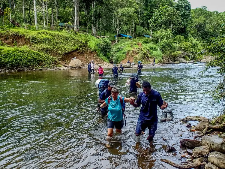 Hikers crossing a shallow river along the Kokoda Track, assisted by guides. The group is walking through knee-deep water with backpacks and equipment, surrounded by dense forest and greenery.