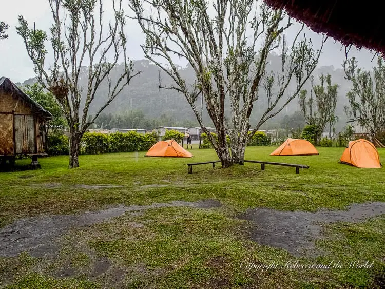 A campsite in the rain with orange tents set up on a grassy field. The area is surrounded by trees and mountains shrouded in mist, creating a wet and serene atmosphere.