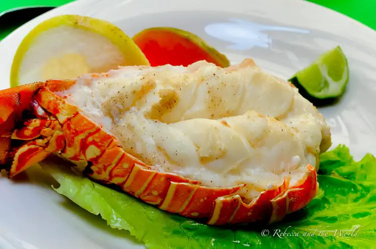 A plate with a cooked lobster tail on a bed of lettuce, accompanied by lemon, lime, and tomato slices.