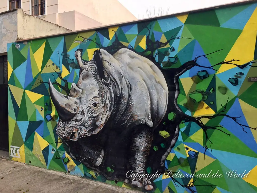A vibrant street art mural of a rhinoceros bursting through geometric shapes on a building wall in Buenos Aires. Taking a street art tour is one of the best things to do in Buenos Aires.