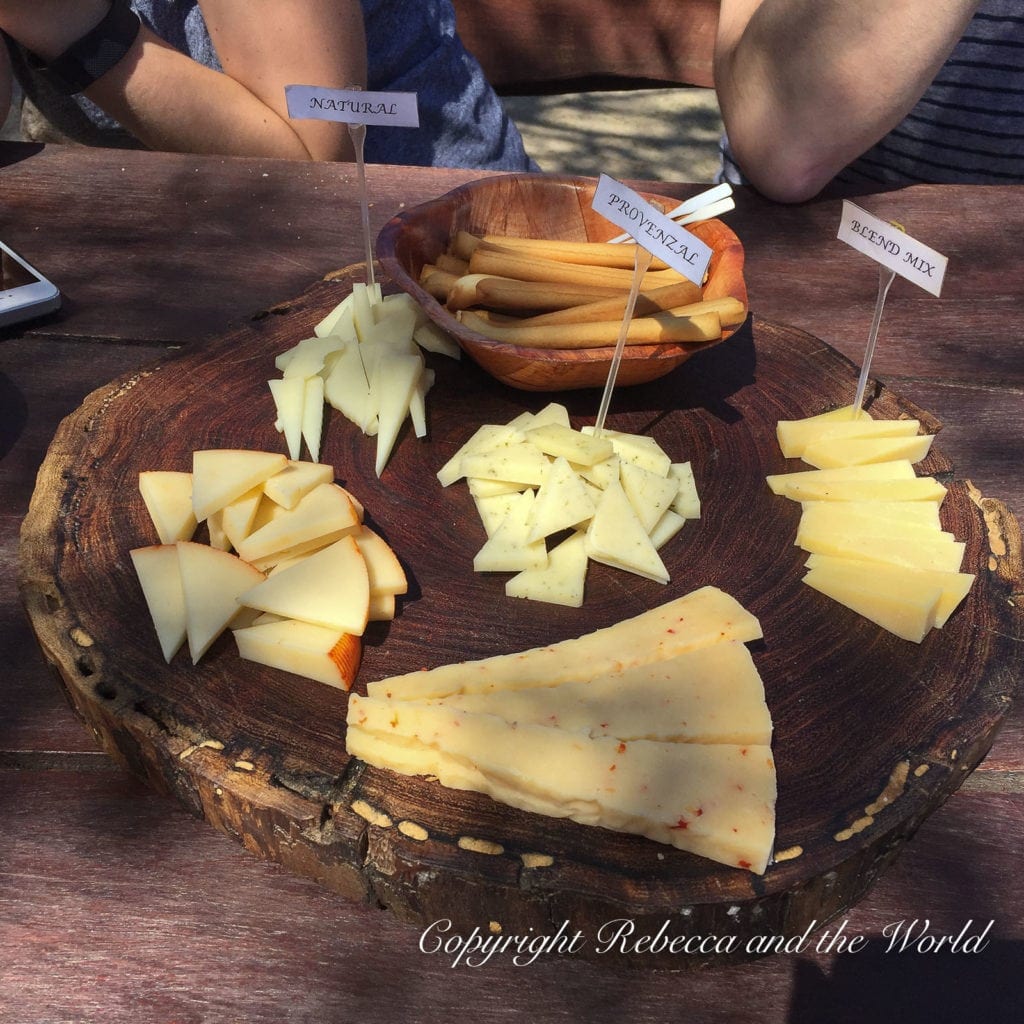 A cheese platter displayed on a rustic round wooden slice, with various goat's cheese cuts labelled 'Natural', 'Provincial', and 'Blend Max', accompanied by a bowl of breadsticks on a table. Cabras de Cafayate is a great place to stop in and try some goat's cheese and wine.