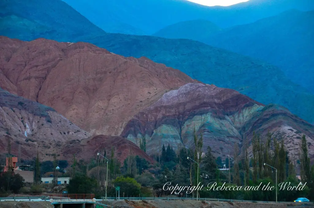 At sunset, the Cerro de Siete Colores (Hill of 7 Colours) in Purmamarca, Argentina, can be seen with layers of different coloured sediments.