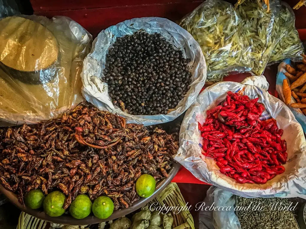 Assorted traditional Mexican cooking ingredients on display at a market, including a large bowl of dark chapulines (grasshoppers), a bag of insects, bright red baby shrimp, and fresh limes.