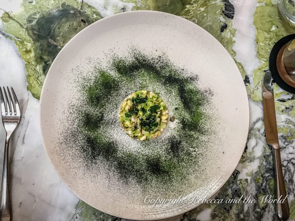 An artistic, gourmet dish arranged in a circle with green garnish on a white plate, creating a contrast with the marbled table below.