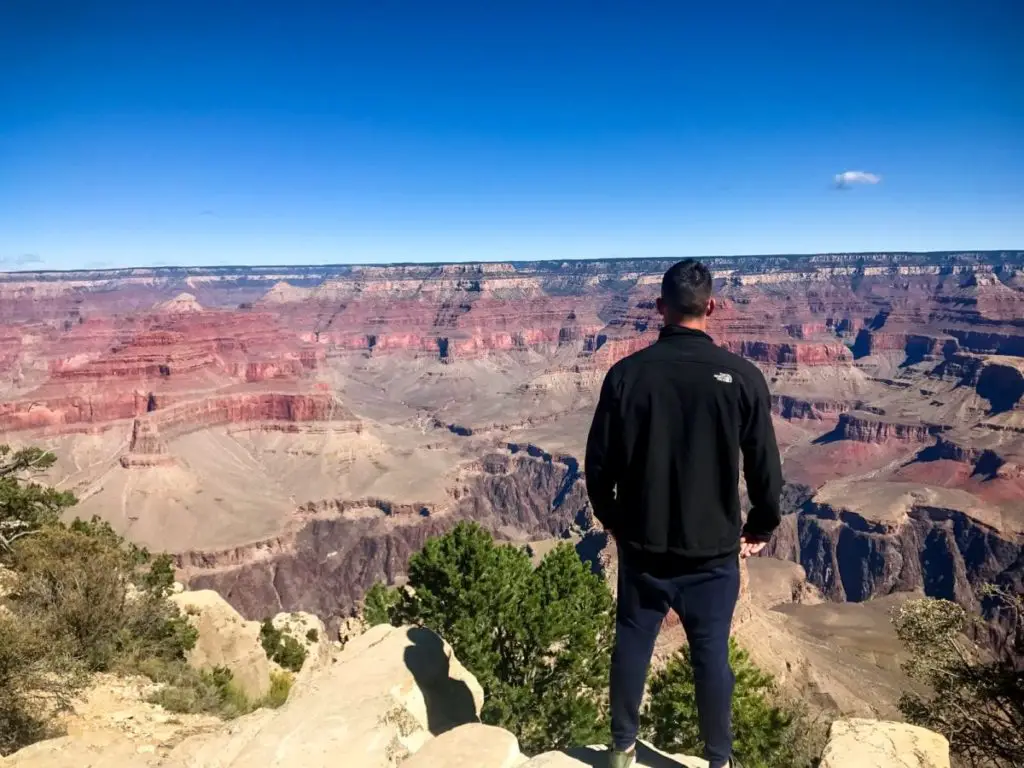 A man in black stands on the edge of the Grand Canyon looking over the national park
