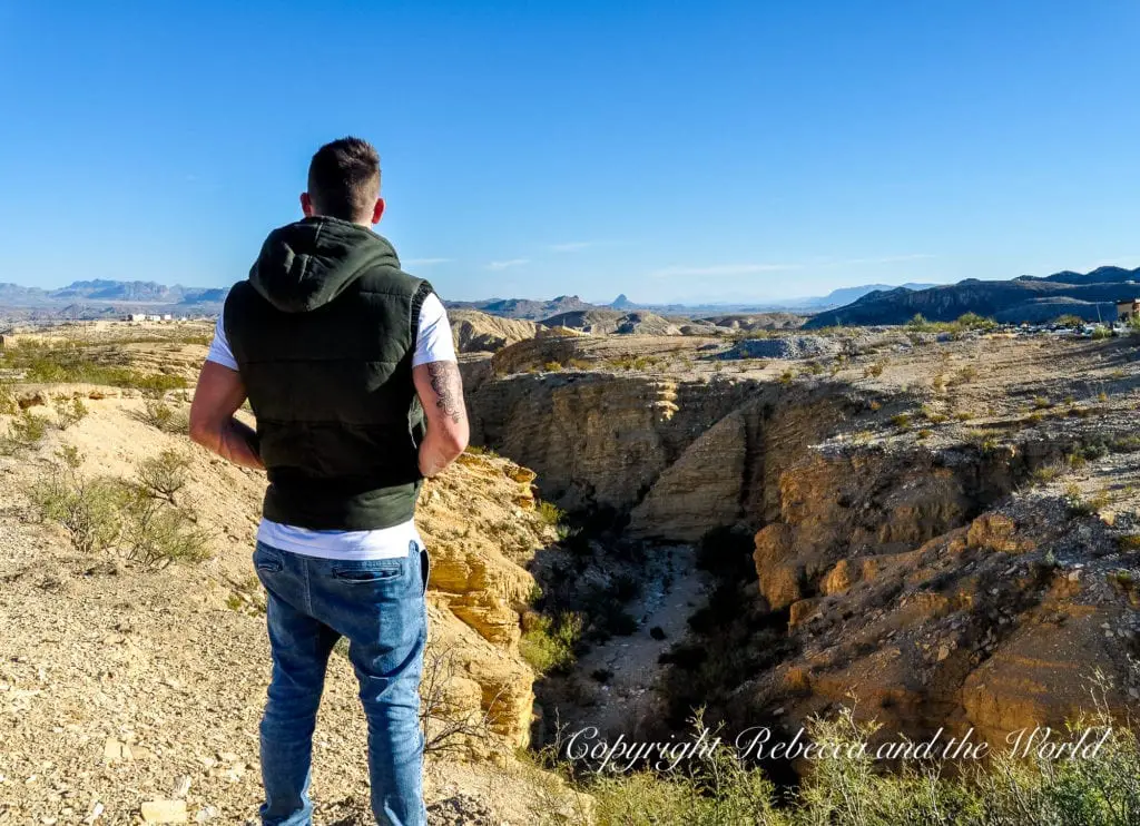A man - the author's husband - in casual clothing stands at the edge of a canyon in Terlingua, gazing out over the rugged West Texas landscape under a clear blue sky.