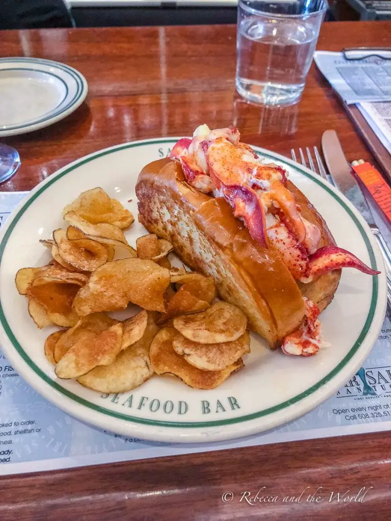 A lobster roll with a generous amount of meat served on a toasted bun, accompanied by homemade potato chips on a restaurant plate. One of the must eat foods in Boston is a lobster roll.