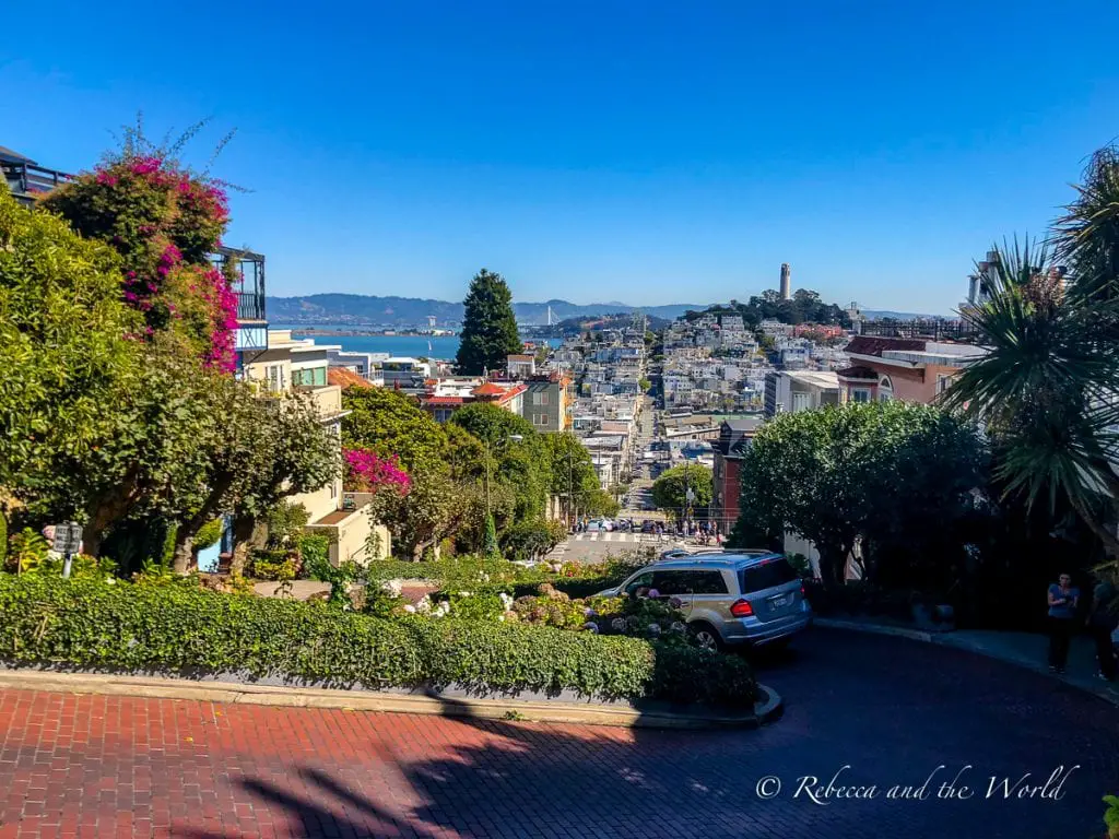 A view from the top of Lombard Street looking down a steep, winding road bordered by lush greenery and colorful flowers, with a clear blue sky above and a view of the city and bay in the distance. Head to Lombard Street, San Francisco's so-called "crooked street" on your visit to San Francisco.