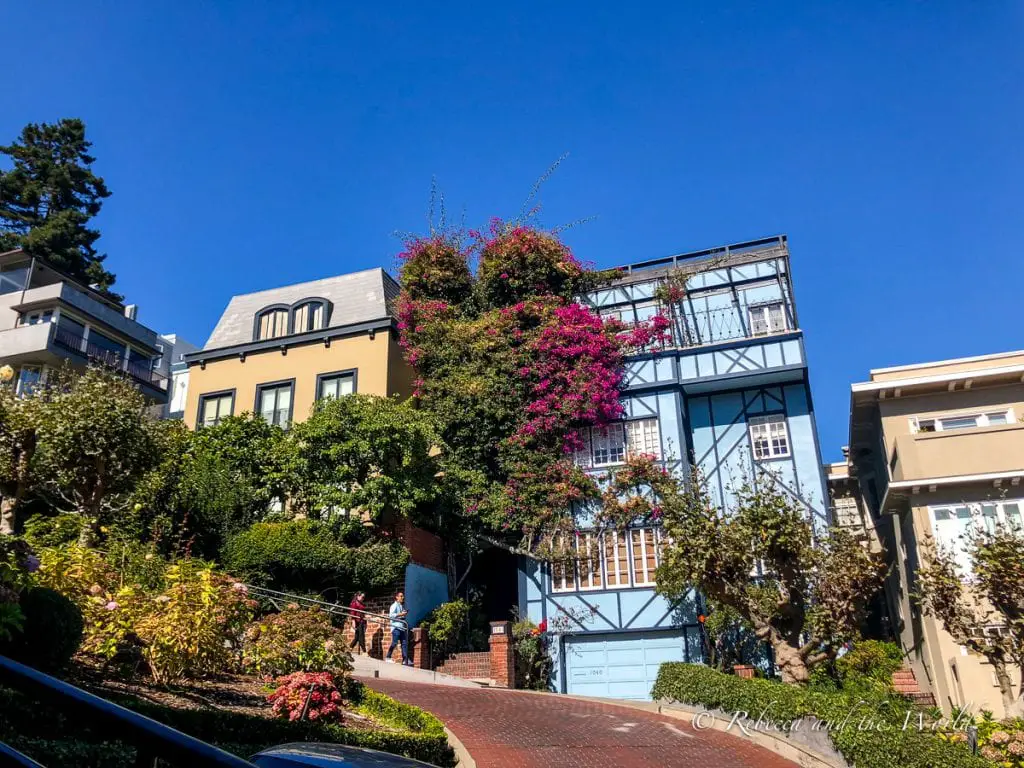 Lombard Street on a sunny day with a blue sky. A house with a striking glass façade stands out amidst other homes adorned with vibrant bougainvillea and well-maintained gardens. Head to Lombard Street, San Francisco's so-called "crooked street" on your visit to San Francisco.