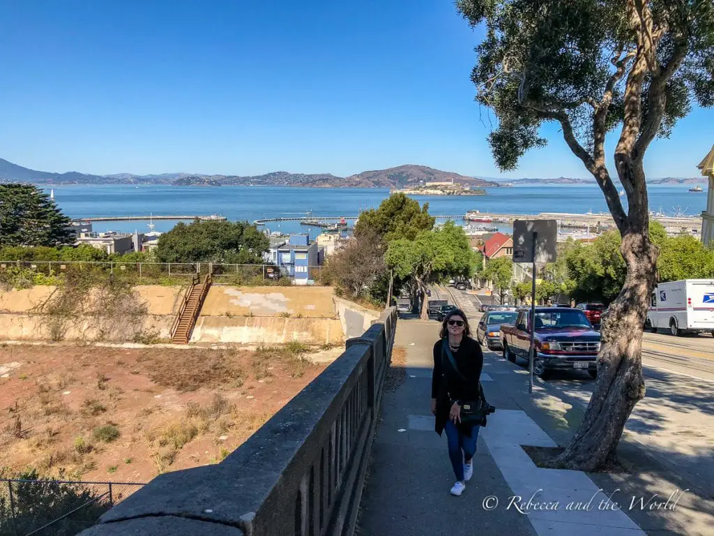 A woman - the author of this article - with sunglasses and a camera stands on a sidewalk with a scenic view of San Francisco's waterfront and hills in the distance. San Francisco's famous hills are killers on the thighs!