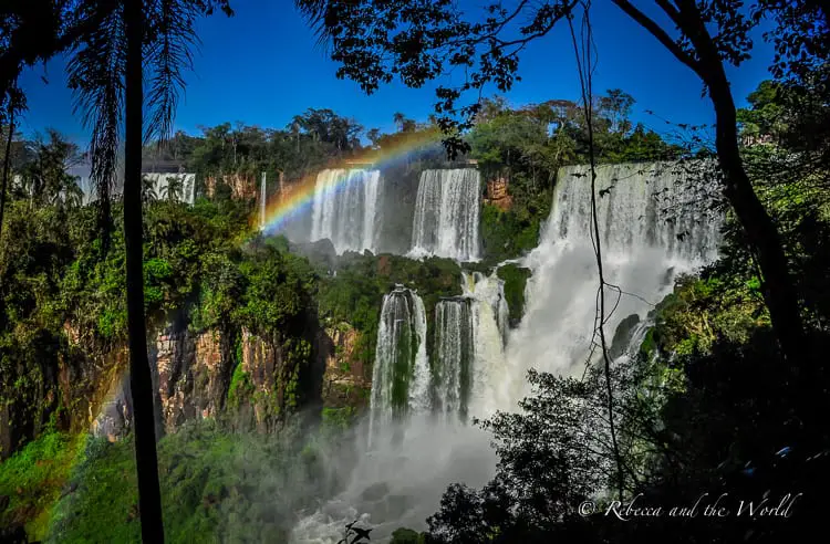 A view of Iguazu Falls between the trees. There is a rainbow across the front of the falls. Iguazu Falls is just one of the many natural wonders you can see on this Argentina 14 day itinerary