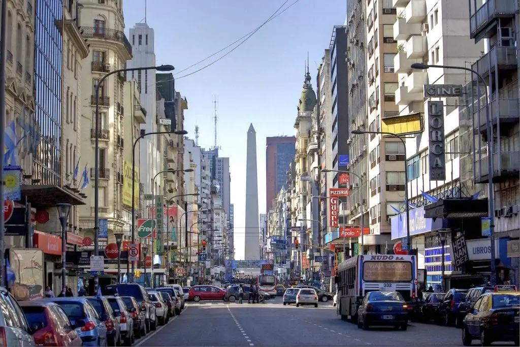 A bustling street in Buenos Aires, Argentina, leading to a distant obelisk, lined with buildings and filled with cars and pedestrians.
