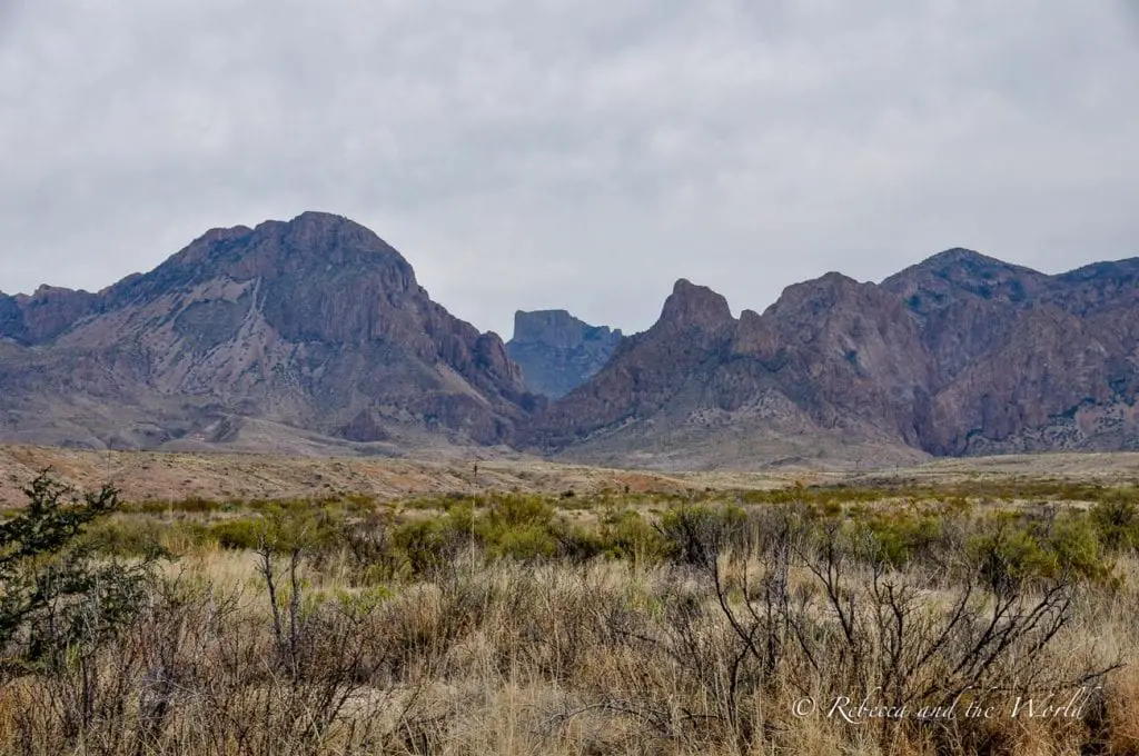 The Chisos Mountains in Big Bend National Park, seen from a distance. The landscape is arid with sparse vegetation, featuring rugged mountain peaks under a cloudy sky. Big Bend National Park is one of the most beautiful places in Texas.