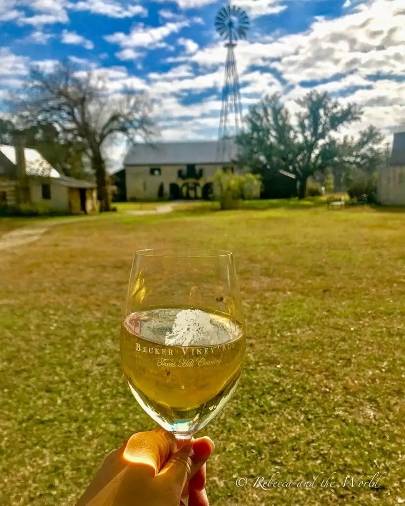 A hand holding a glass of white wine from Becker Vineyards, with a rustic vineyard scene in the background. The image includes a windmill, old buildings, and a grassy field under a partly cloudy sky. Texas is the 5th largest wine producer in the United States.
