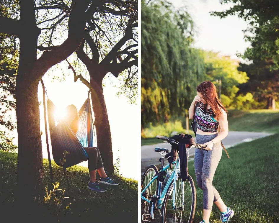 A person relaxes in a hammock between trees in a Detroit park at sunset, while in a separate photo the same person stands by a bicycle on a path. There's no doubt that Detroit, Michigan is going through a huge revival and now is the time to visit. 