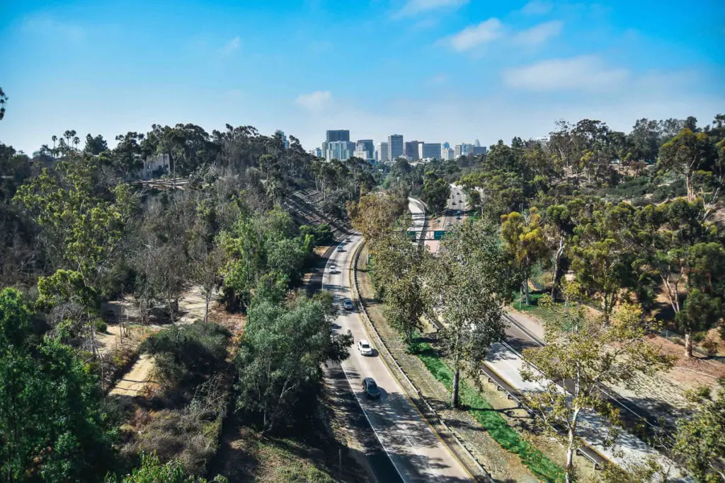 An aerial view of a road winding through a lush park with tall trees, leading towards a city skyline under a clear blue sky. Balboa Park is full of fun activities, gardens, hikes, museums and art and should be on every San Diego itinerary.