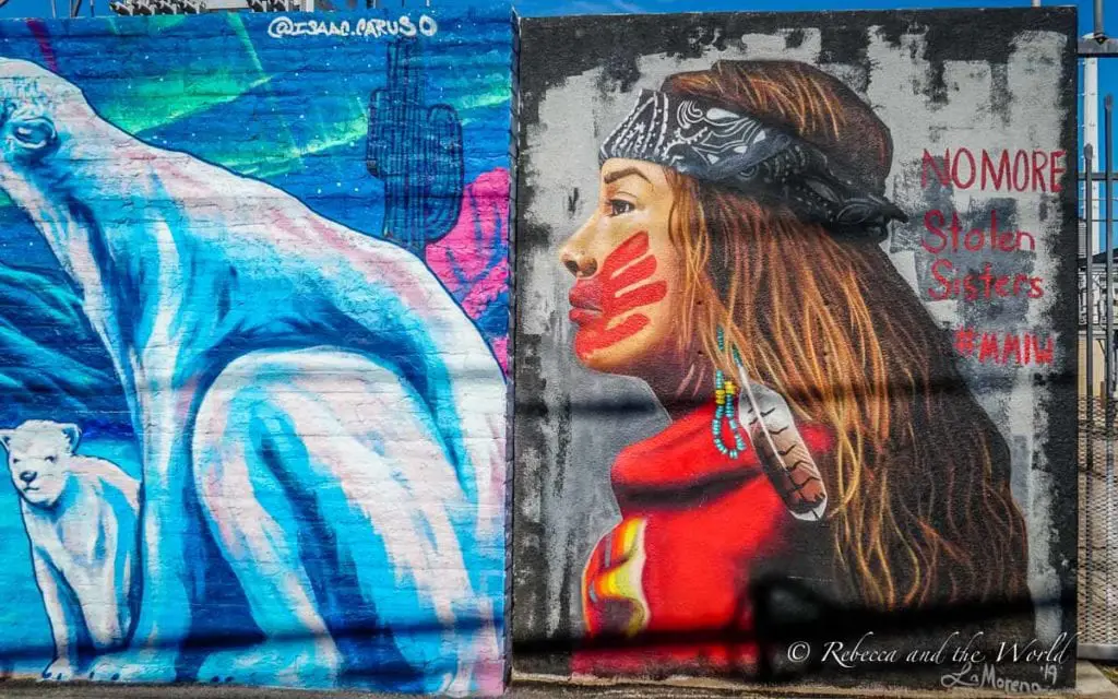 A mural showing a side profile of a woman with red handprints on her face and the words "No More Stolen Sisters #MMIW" next to her. Squeeze a few of the city's great murals into your itinerary if you only have 36 hours in Phoenix.