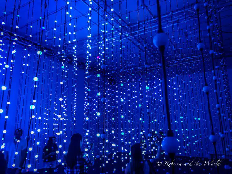 An immersive art exhibit with hundreds of blue LED lights suspended from above, creating a starry-night effect, while visitors walk through the captivating display that resembles a galaxy. There are lots of great art galleries and immersive exhibits in Scottsdale, Arizona.