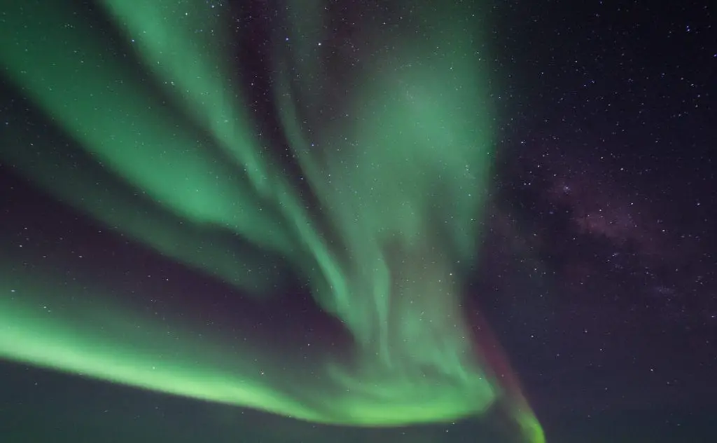 The southern lights, or Aurora Australis, displaying green hues arcing across a starlit night sky. The best place to see the Aurora Australis is in Tasmania, Australia.