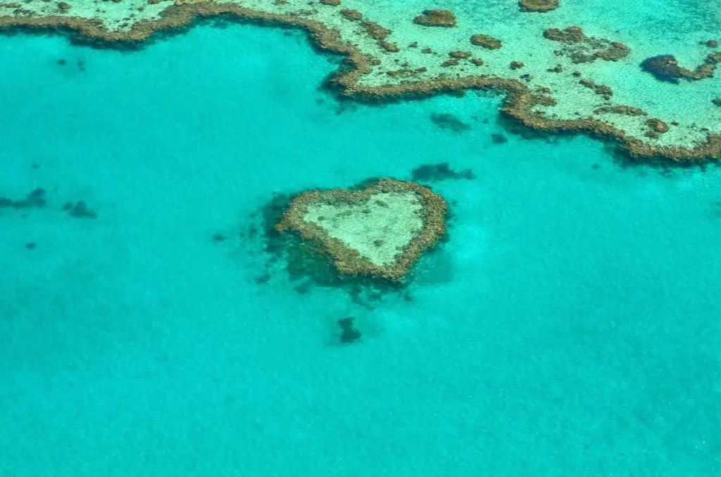 Aerial shot of the Great Barrier Reef with a heart-shaped coral formation amidst the blue-green sea. The Great Barrier Reef is visible from outer space and one of the most incredible things to see in Australia - from above and below!