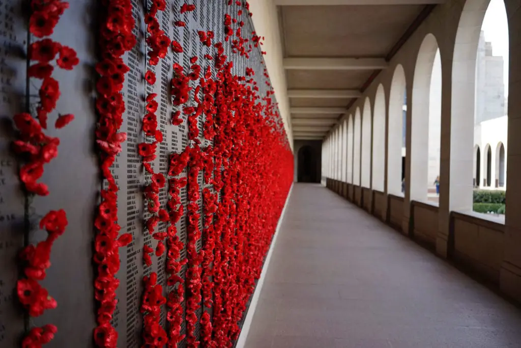 Hallway with a wall filled with bright red poppies next to metallic plaques with inscribed names, part of the Australian War Memorial in Canberra.