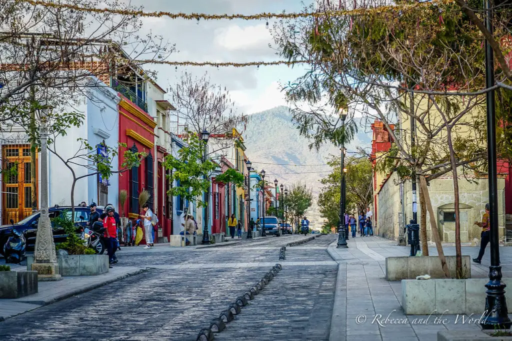 A picturesque street in Oaxaca Mexico lined with colorful buildings and cobblestone pavement. Trees with young, green leaves dot the sidewalk, and pedestrians are visible in the distance. A mountain looms in the background under a clear sky. One of the best things to do in Oaxaca is wander the gorgeous streets.