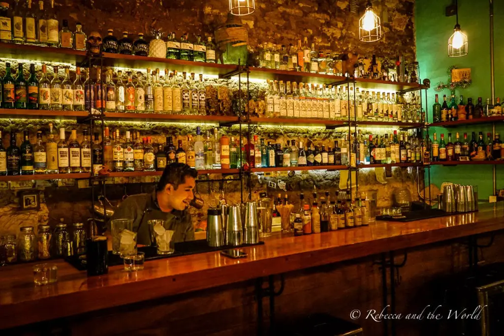 A bartender stands behind a bar with shelves filled with a variety of bottles of alcohol. The lighting is warm, and the atmosphere of the bar appears cozy and inviting. The cocktails at trendy Sabina Sabe in Oaxaca are a great way to cap off the evening.