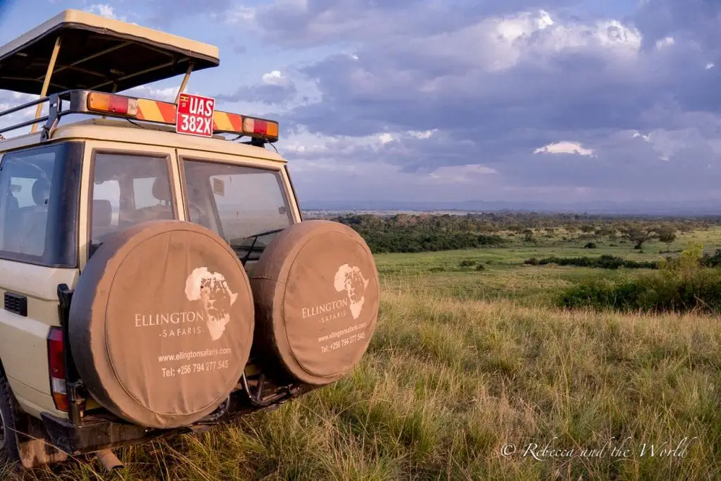 The rear view of an Ellington Safaris safari vehicle with two spare tires mounted on the back, overlooking a vast Ugandan savannah under a dramatic sky. Hiring a driver guide in Uganda is the best way to see the country with an expert.