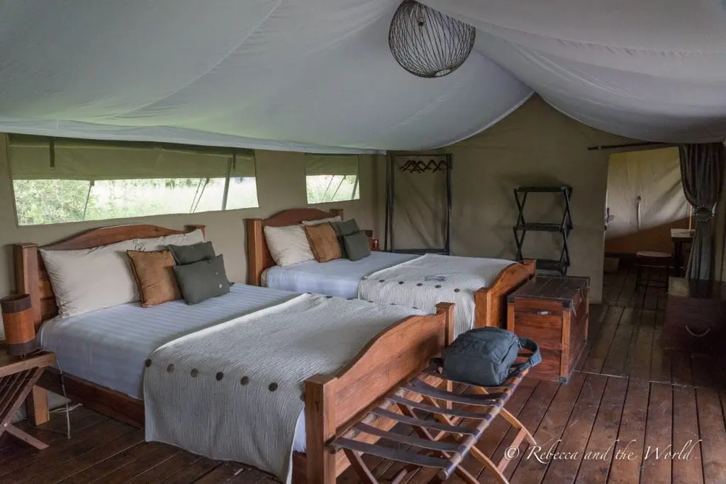 An inviting interior of a luxury tent with twin beds, wooden furniture, and large canvas windows. One of the best places to stay in Ndutu in Tanzania is Lemala Ndutu, a mobile tented camp.