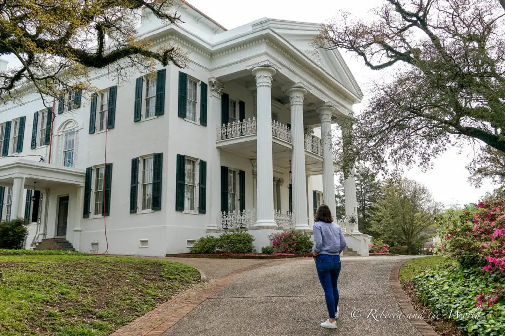 A person - the author of this article - walking towards a stately white mansion with tall columns, black shutters, and a sprawling front porch, set against large trees and a lush green lawn. One of the antebellum homes in Natchez, MS.