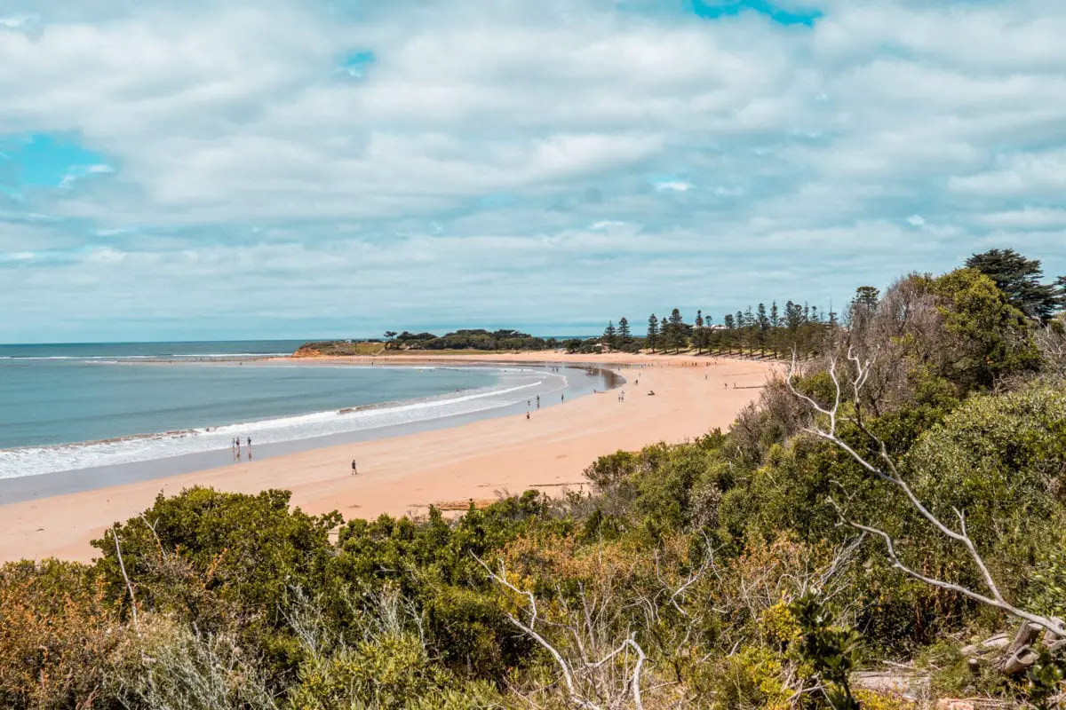 A panoramic view of a long sandy beach in Torquay with a few people, bordered by a calm sea on one side and greenery on the other, under a partly cloudy sky. Torquay is one of the best places to visit on the Great Ocean Road - it's when the road officially begins.