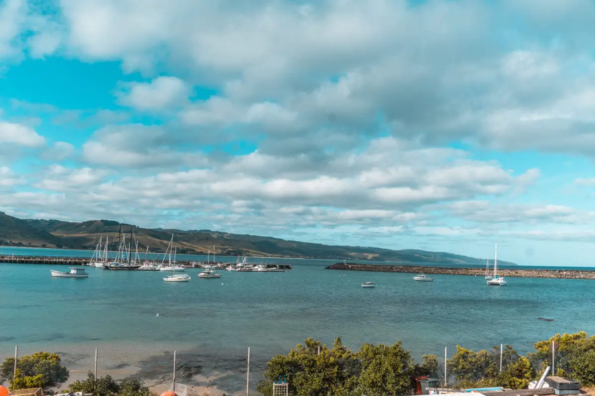 A serene bay with multiple boats moored and a jetty extending into the water, surrounded by gentle hills and a blue sky with fluffy clouds. Apollo Bay is one of the best places to stay along the Great Ocean Road.