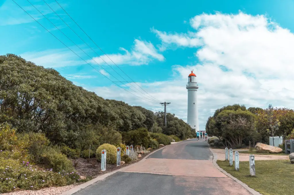 A road leading to a tall white lighthouse - Split Point Lighthouse in Aireys Inlet, Victoria - with a red cap, surrounded by greenery under a blue sky with clouds. Stop at Split Point Lighthouse on your Great Ocean Road itinerary