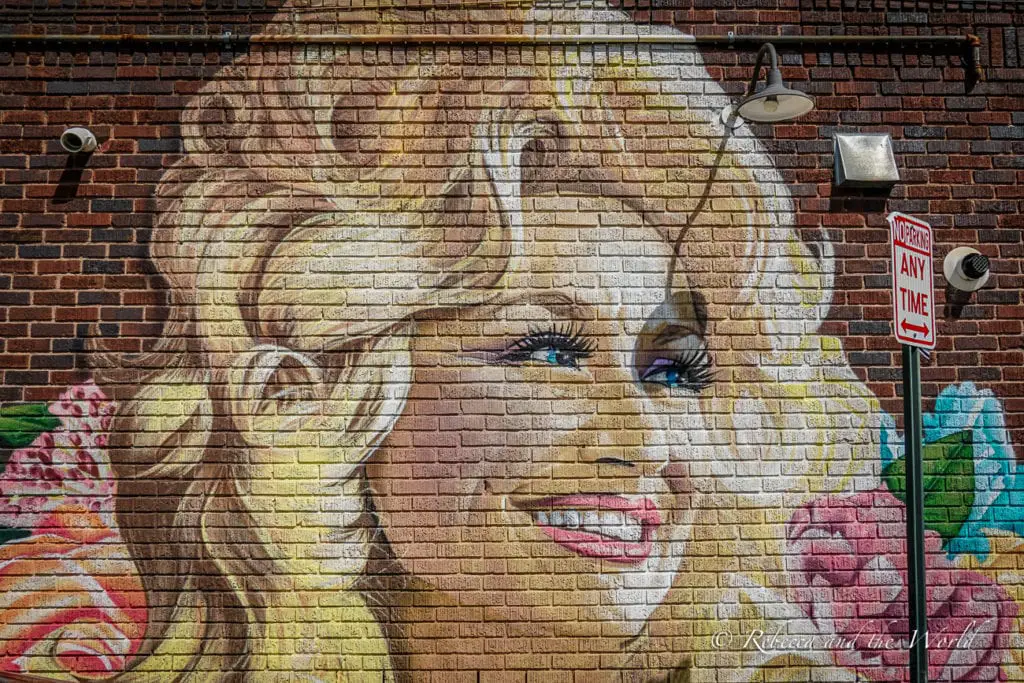 A vibrant mural painted on a brick wall featuring a smiling woman with blond hair - Dolly Parton, one of the USA Deep South's most famous residents. Her image is accompanied by large, colorful flowers. A 'No Parking' sign and a security camera are visible to the right.