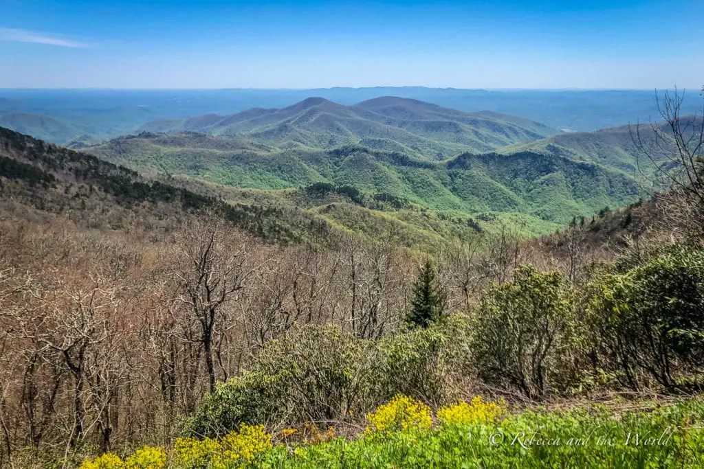 A sweeping view of the Blue Ridge Mountains from a high vantage point, showing layers of rolling hills covered in greenery under a clear blue sky.