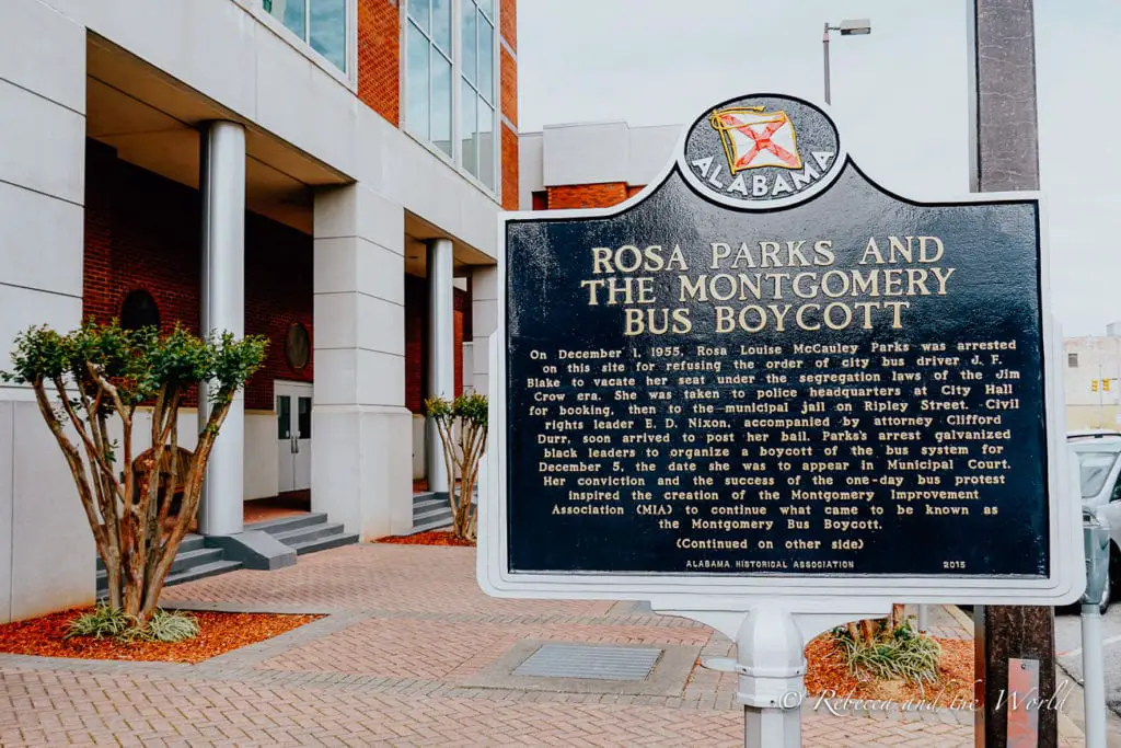 A historic plaque titled "Rosa Parks and the Montgomery Bus Boycott," detailing the significant civil rights event. One of the best things to do in Montgomery Alabama is visit the Rosa Parks museum.