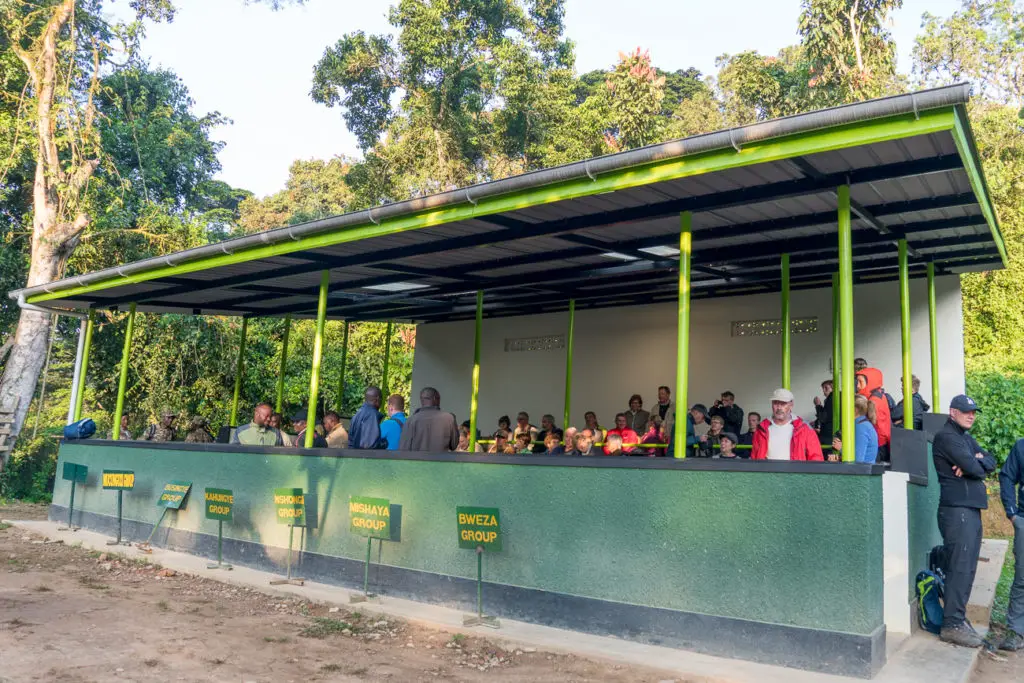 A simple outdoor shelter with a metal roof and open walls. Inside, groups of people are seated on benches, waiting. The shelter is in a forested area. Trekkers prepare for gorilla trekking with a briefing from rangers.