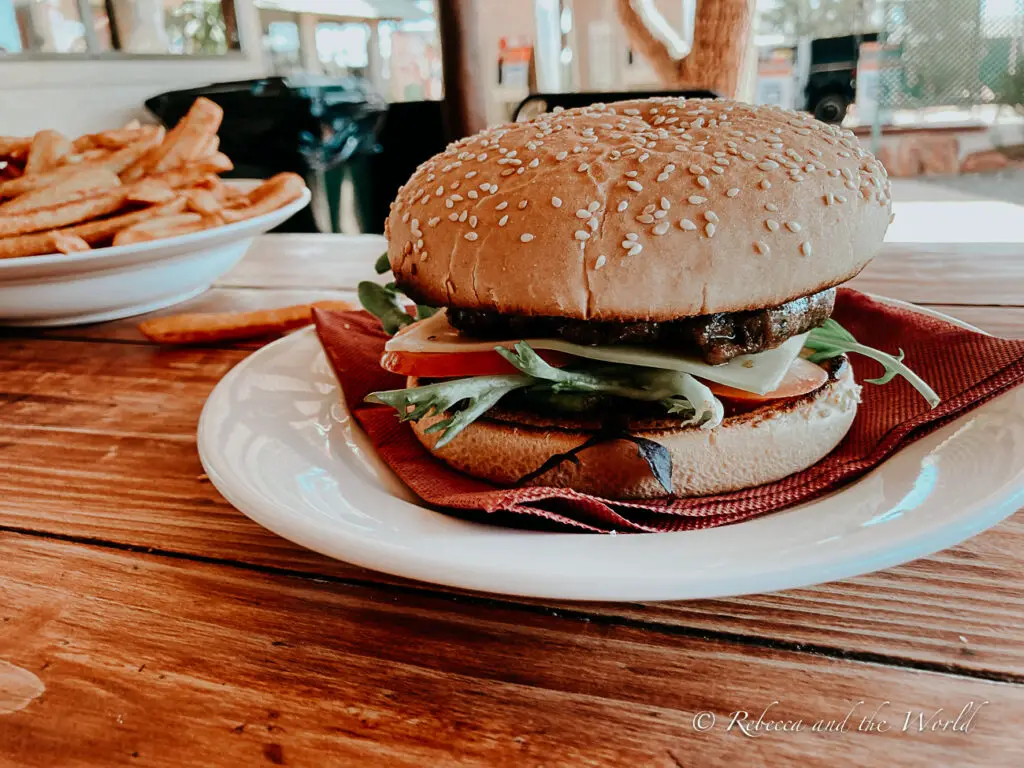 A close-up of a camel burger on a sesame seed bun, garnished with greens, tomato, and cheese. The burger is on a white plate with a red napkin, accompanied by a side of fries on another plate, set on a wooden table. One of the best things to do in the Northern Territory is try local foods like camel and crocodile!