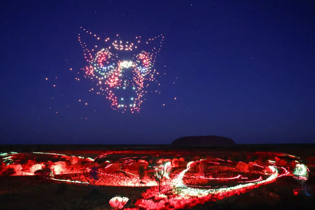 Wintjiri Wiru - Kurpany the devil dog. Photo by Getty Images for Voyages Indigenous Tourism Australia. Acknowledgement - Anangu share the Mala story, from Kaltukatjara to Uluru, through a drone, sound and light show designed and produced by RAMUS
