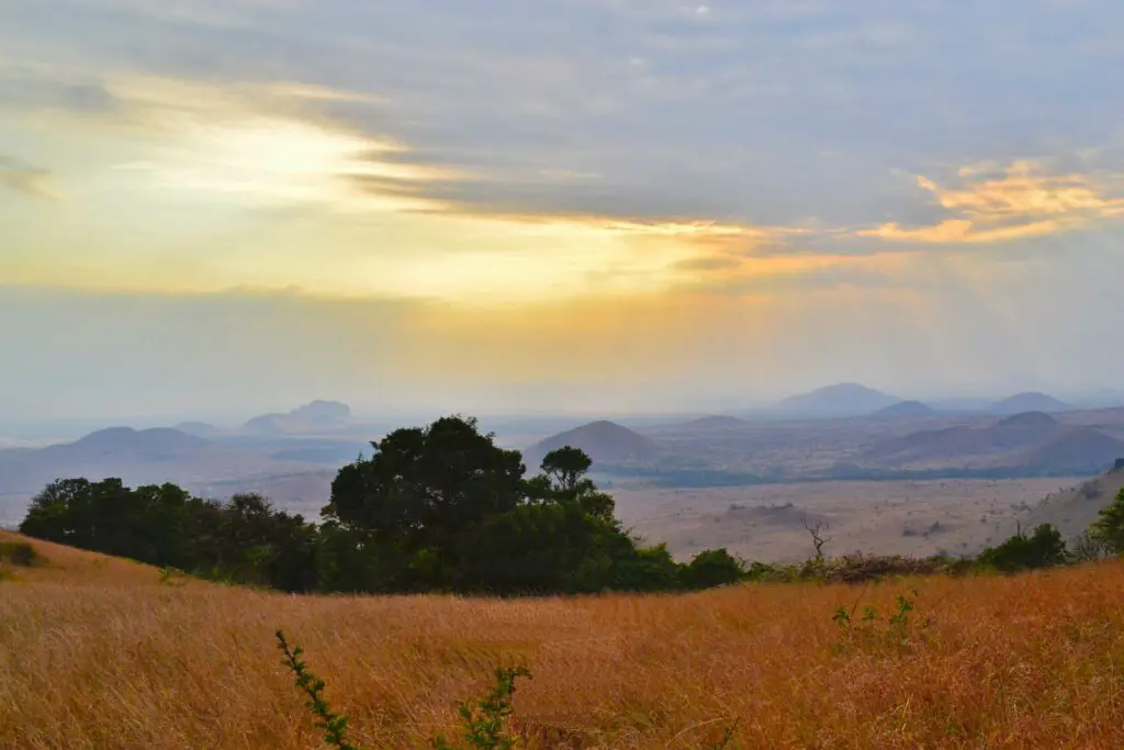 The sun shining through clouds over a landscape with green trees, savannah and hills in the background - this is Tsavo National Park, one of the many national parks in Kenya