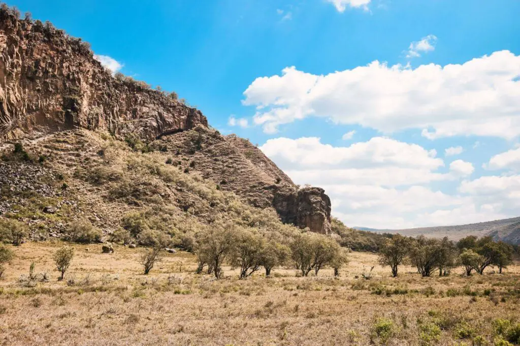 A landscape image of Hell’s Gate National Park, with some trees in front of a rocky mountain 