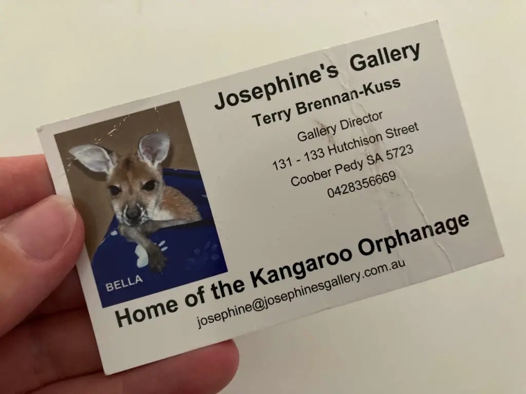 A business card shows the address, phone number and email address for Josephine's Gallery, one of the most popular tourist attractions in Coober Pedy, South Australia