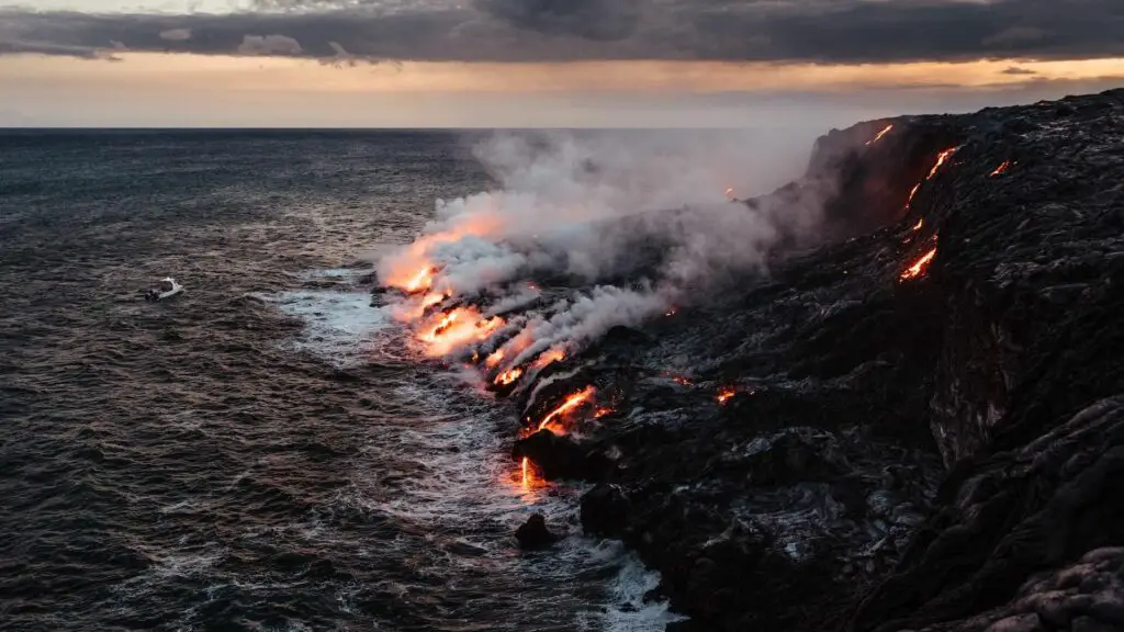 Lava flows into the ocean