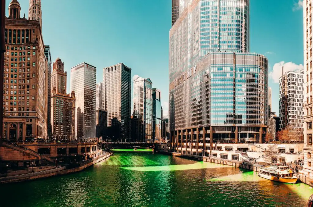 The Chicago River in Chicago dyed green for St Patricks Day celebrations