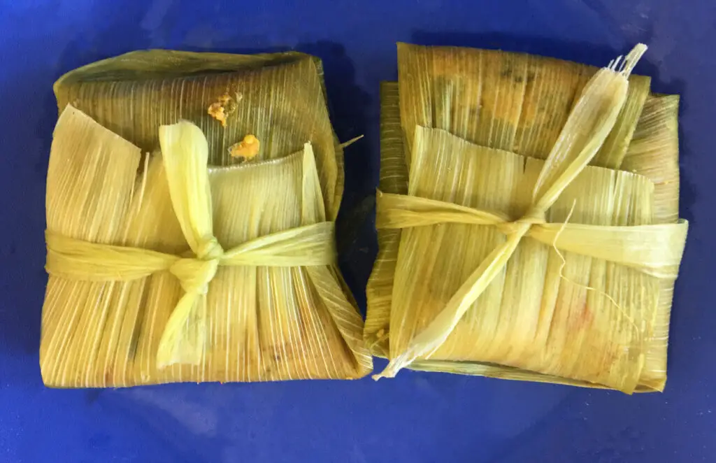 Wrapped tamales. Two corn husk-wrapped tamales are presented on a bright blue surface, with hints of filling peeking through the folds.