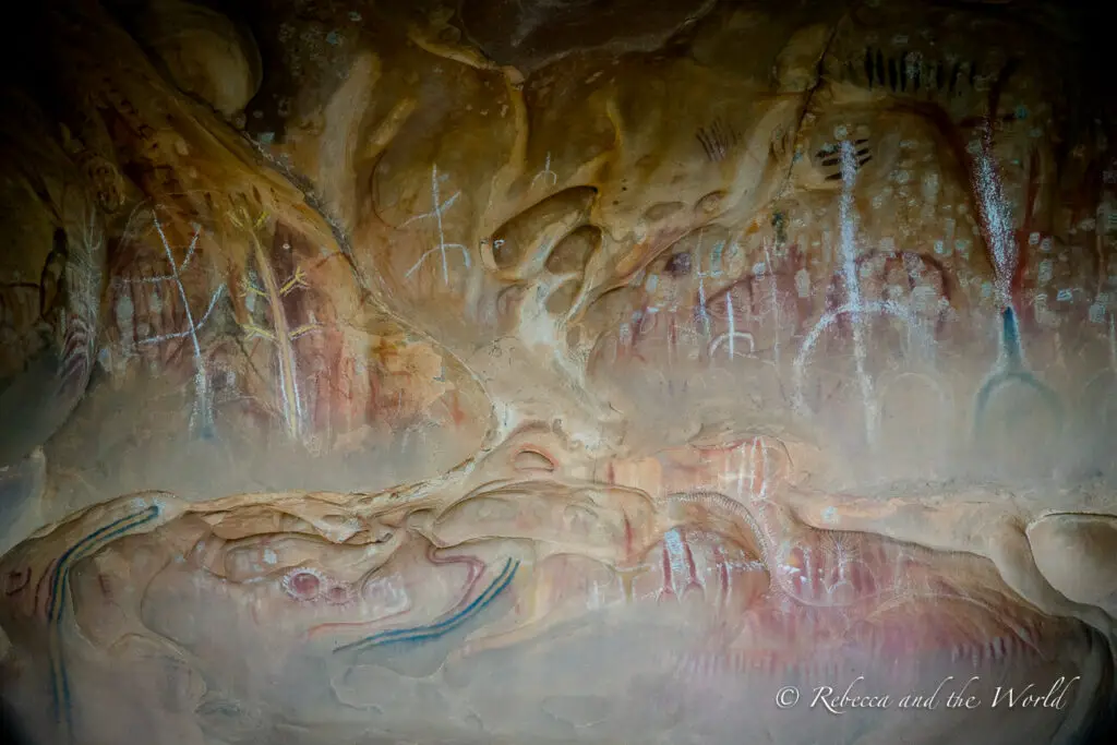 A close-up of ancient rock art seen on a cave wall in Flinders Ranges National Park, featuring patterns and animal figures in red, white, and yellow ochre. The natural contours of the rock surface enhance the depth of the paintings.