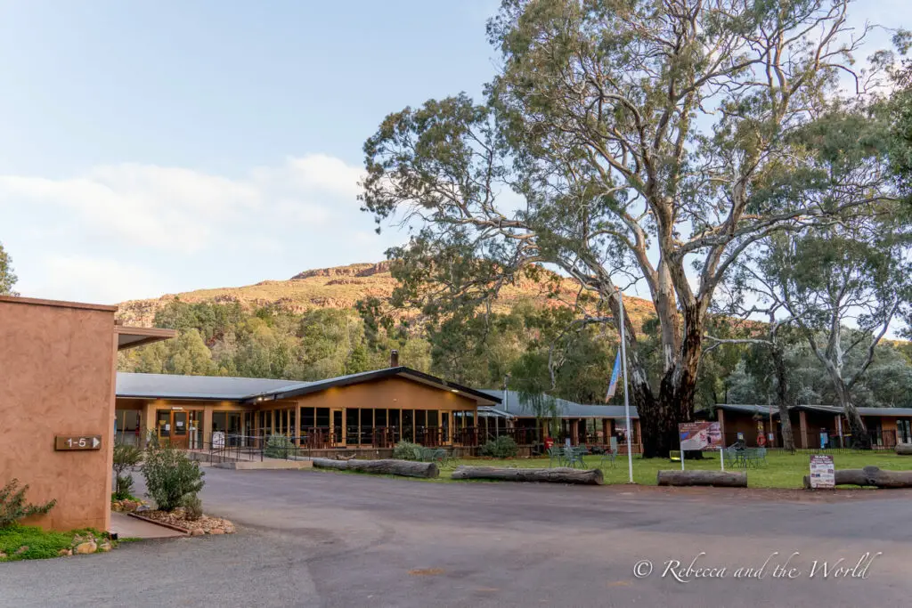 A modern building with a large veranda set against a backdrop of a tall eucalyptus tree and a hillside. The area in front of the building is a paved parking lot. This is the reception area of Wilpena Pound Resort.