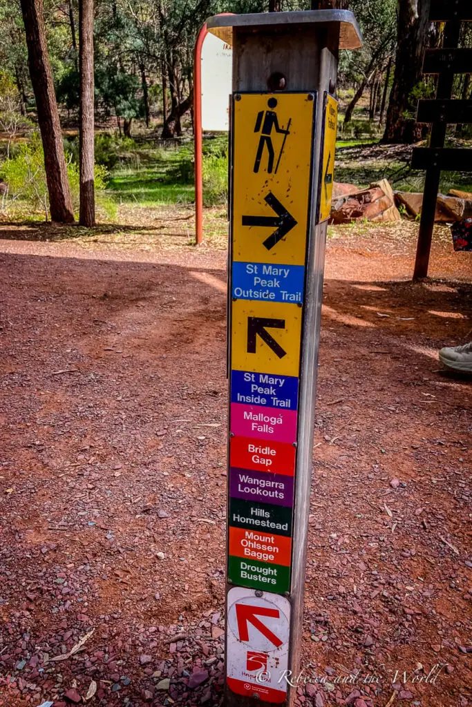 A multi-colored trail signpost with directions for various hiking paths including "St Mary Peak Outside Trail" and "Inside Trail," with additional locations listed in different colours.