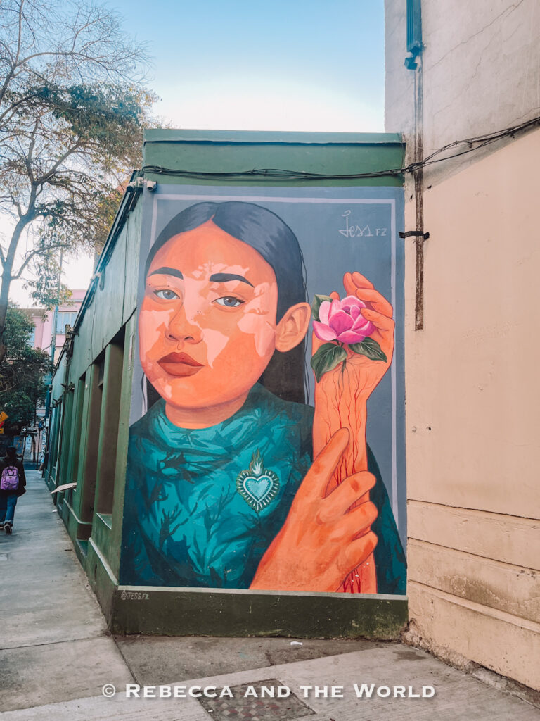 A colorful mural of a woman holding a pink flower decorates the side of a building along a quiet sidewalk, showcasing Santiago’s vibrant street art scene—one of the creative highlights to include in a 2 days in Santiago itinerary.