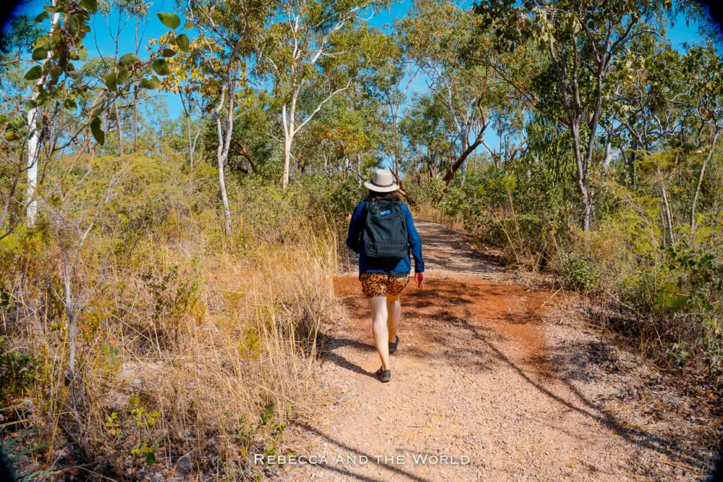 A woman - the author of this article - wearing a hat, backpack, and shorts walking away on a dirt path surrounded by tall grass and sparse trees under a clear sky. This is a portion of the trails in Nitmiluk National Park, Northern Territory, Australia.